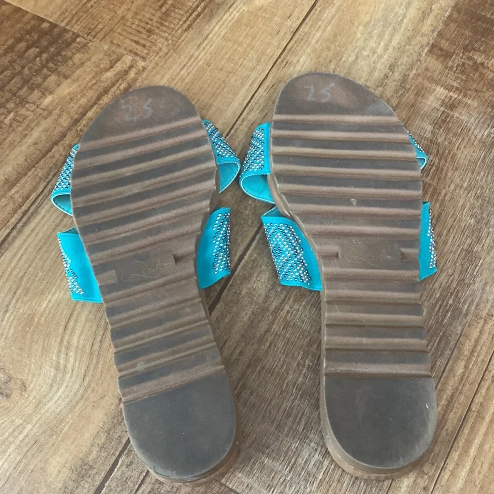 Reba Turquoise Cross Band Silver & gold Beaded Slide Sandals slides size 8